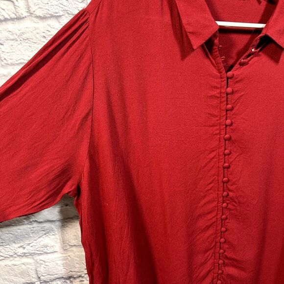 Soft Surroundings Shirt Womens 2X Cranberry Red Button Down Ruffle Sleeve Plus - Picture 3 of 6